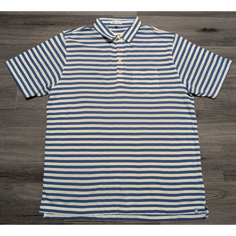 Peter Millar Men's Blue White Striped Cotton Silk Seaside Boucle Polo Size XL